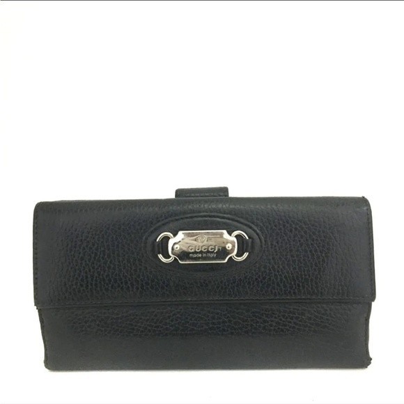 GUCCI Logo Plate Leather Bifold Long Wallet - Picture 1 of 12